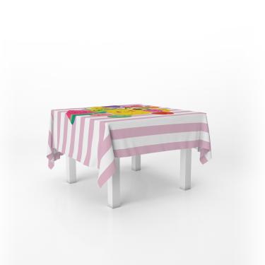 Imagem de Toalha De Mesa Quadrada Infantil Tecido Oxford Frutinhas Listras Rosa e Branco - 140x140cm