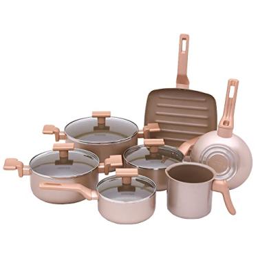 Imagem de Mimo Style Conjunto 7 Panelas Sartin Cook Champanhe Estrutura em Alumínio Revestida em Cerâmica. Tampa Vidro Temperado Alças e Cabos Soft-Touch. Fogão a Gás, Elétrico e Vitrocerâmico