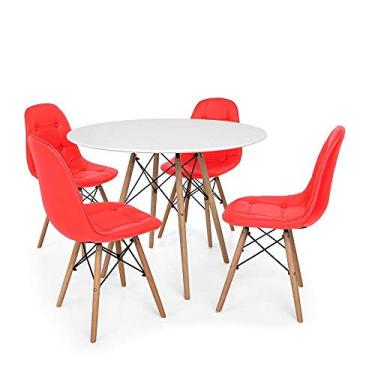 Imagem de Conjunto Mesa Eiffel Branca 80cm + 4 Cadeiras Dkr Charles Eames Wood Estofada Botonê Vermelha