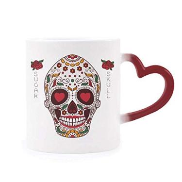 Imagem de Caneca de flor com olhos cirrus, crânio de açúcar branco, sensível ao calor, caneca de grés que muda de cor vermelha