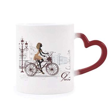 Imagem de Caneca Bicycle Lady France com estampa de ilustração sensível ao calor Caneca vermelha que muda de cor