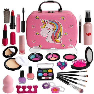 Kit de maquiagem infantil para meninas, conjunto completo de malas, jogo de  maquiagem, kit de maquiagem infantil de segurança lavável, brinquedo de  maquiagem de rosto de princesa, : : Beleza