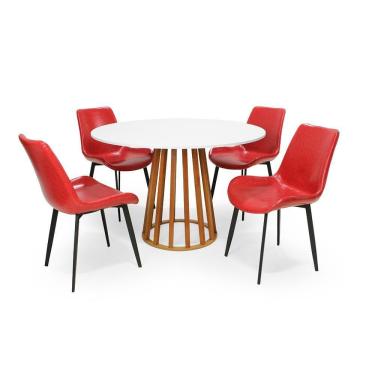 Imagem de Conjunto Mesa de Jantar Redonda Talia Amadeirada Branca 120cm com 4 Cadeiras Estofadas Chicago - Vermelho