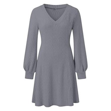 Imagem de Vestido de suéter liso moderno para mulheres temperamento slim fit tricotado vestido midi inverno gola V manga longa malha, Cinza, P
