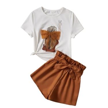 Imagem de SOLY HUX Camiseta feminina estampada com laço frontal e bolsa de papel shorts com cinto de verão roupa de duas peças, Branco e marrom, 10Y