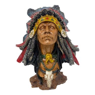 Imagem de Escultura Busto Índio Guerreiro Cocar Xamã 26 cm em Resina