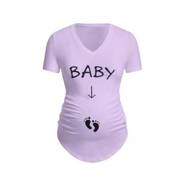 Imagem de MakeMeChic Camisetas femininas de gravidez com estampa de letras e gola V e manga curta, Roxo lilás, P