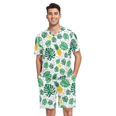 Imagem de KLL Conjunto de pijama masculino dourado preto, 2 peças de pijama com gola V, Abacaxis tropicais, limões e folhas de palmeira verdes, XX-Large