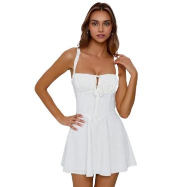 Imagem de Camisa Feminina Tie Front Ruched Bust Cami Dress (Color : White, Size : L)