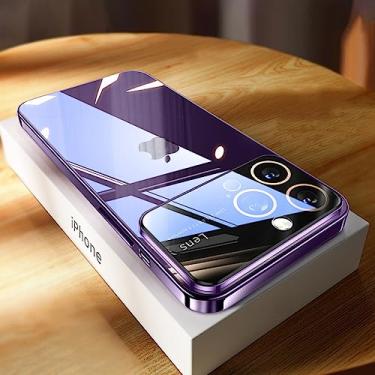 Imagem de Capa luxuosa de proteção para câmera de vidro temperado para iPhone 14 Pro Max 15 Plus iPhone 12 13 ProMax Capa traseira rígida de acrílico transparente, roxa, para iPhone 11