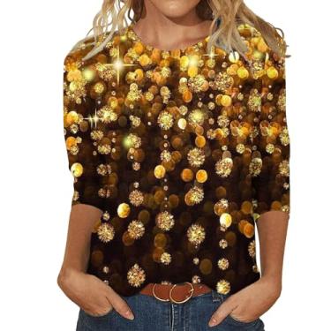 Imagem de Camisetas femininas brilhantes de manga 3/4 de veludo com lantejoulas macias midi, casual, solta, sexy, festa, balada, noite, túnica, Amarelo, G