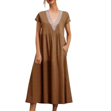 Imagem de Vestido feminino solto manga longa cor sólida vestido maxi camisa 2023 chiffon rodado vestido midi longo, A1 - Marrom, XXG