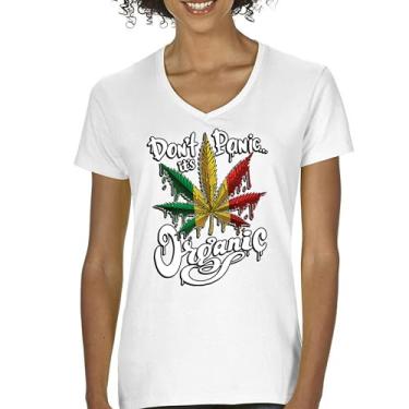 Imagem de Camiseta feminina Don't Panic It's Organic gola V 420 Weed Pot Leaf Smoking Marijuana Legalize Cannabis Stoner Pothead Tee, Branco, GG