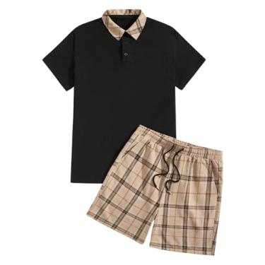 Imagem de SOLY HUX Conjunto masculino de 2 peças de agasalho de verão xadrez, manga curta, camisa de golfe e shorts, Preto e bege, M