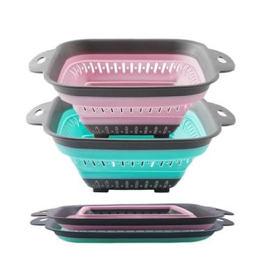 Imagem de Fglmctsh Escorredor Dobrável, Triângulos Redondos Quadrados, Coador de Cozinha de Silicone, Perfeito para Drenar Macarrão, Vegetais, Frutas, 2 Peças (27 cm C x 21 cm L x 5 cm A, Vermelho e Verde)