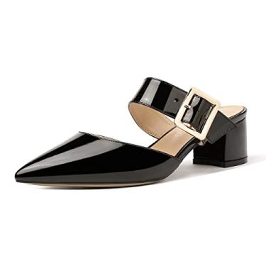 Imagem de MODENCOCO Sapato feminino ajustável com fivela de fivela sólida ponta pontiaguda salto baixo mules vestido de noite calçados 5 cm, Preto, 36