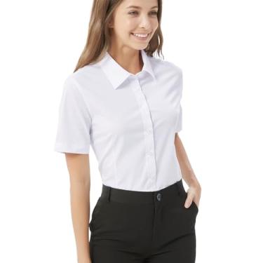 Imagem de DIYUS Blusa feminina de manga curta de algodão elástico com botão e ajuste justo, Curto branco, G