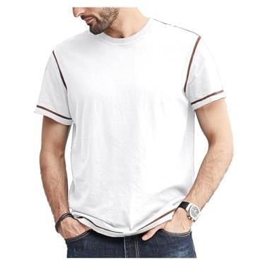 Imagem de Camisetas masculinas de manga curta pulôver com cores contrastantes camisetas de lazer gola redonda para esportes ao ar livre, Branco, XG