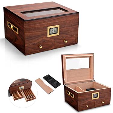 Imagem de Umidor de charuto comporta 35-50 charutos, com 2 gavetas de acessórios, higrômetro e umidificador, cedro espanhol vidro temperado caixa de armazenamento para charutos presentes para homens, dia dos
