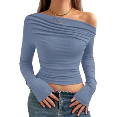 Imagem de Meetrendi Camiseta feminina sexy com ombros de fora, caimento justo, manga comprida, assimétrico, cropped Y2K, justa, franzida, Azul (Dustblue), M
