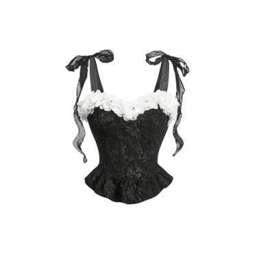 Imagem de BEAUDRM Camiseta regata feminina com estampa floral 3D com estampa floral e ombro e bainha com babados e alças largas sem mangas, Preto, M