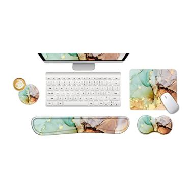 Imagem de ArtSo Descanso de pulso ergonômico + mouse pad + suporte de pulso teclado + porta-copos de espuma de memória mousepad base de borracha antiderrapante durável confortável 4 peças para facilitar a digitação do alívio da dor, mármore de arte abstrata