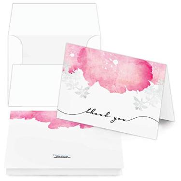 Imagem de Cartões de agradecimento, lindas saudações de arte de folha rosa para casamentos, chás de noiva, aniversários e muito mais! | 10,8 x 14 cm (tamanho A2) | 25 cartões e 25 envelopes por pacote