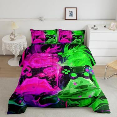 Imagem de Jogo de cama infantil casal, com estampa de dragão, moderno, videogame, rosa, verde, abstrato, para decoração de quarto, 1 edredom e 2 fronhas