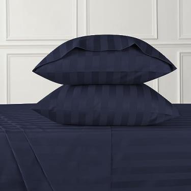 Imagem de URBANHUT Jogo de lençol solteiro listrado damasco algodão egípcio 800 fios (3 peças) - Ultramacios e lisos, lençóis de cama solteiro, lençóis de hotel de luxo com bolso profundo de 40,6 cm - azul