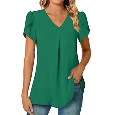 Imagem de Blusas femininas de verão 2024 elegantes de chiffon de manga curta com gola V para leggings camisetas casuais, Ofertas relâmpago verde, P
