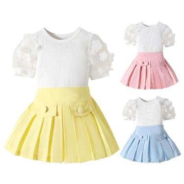 Imagem de MRAFDGFB Conjunto de 2 peças de blusa de malha canelada de manga curta + saia plissada de verão para meninas, Azul, 4-5 Anos