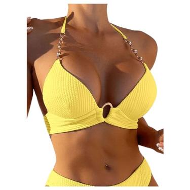 Imagem de SweatyRocks Top de biquíni feminino com alça de corrente, frente única, triangular, laço nas costas, Amarelo, G