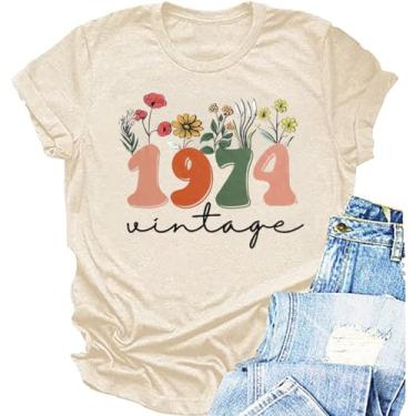 Imagem de Camiseta feminina de aniversário de 50 anos vintage 1974 presentes de cinquenta anos linda flor gráfica manga curta camiseta tops, Bege-01c, XXG