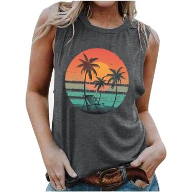 Imagem de MaMiDay Camiseta regata feminina com estampa de palmeira, sem mangas, estampa do pôr do sol, casual, folgada, gola redonda, Cinza escuro, GG