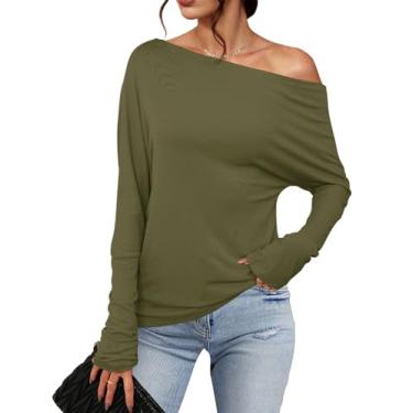 Imagem de Meetrendi Camiseta feminina assimétrica de manga comprida moderna sexy com ombro de fora 2024 camiseta túnica casual solta lisa, Verde militar, P