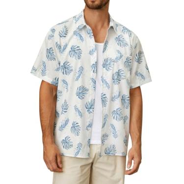 Imagem de Hardaddy Camisa masculina havaiana manga curta praia tropical casual abotoada, Branco, P