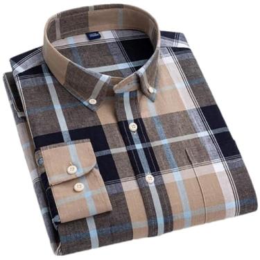 Imagem de Camisa masculina de algodão xadrez listrada de linho com bolso único confortável para respiração e manga comprida com botões, 5-9, PP
