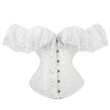 Imagem de Corselet feminino corpete overbust renda manga curta corpete transparente blusa cropped top, Branco, G