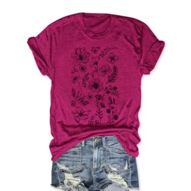 Imagem de MZEAZRK Camiseta feminina Boho com estampa de flores silvestres linda margarida de manga curta para férias, U-rose, XXG