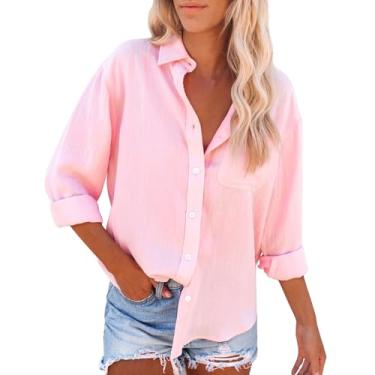 Imagem de Camisetas femininas de verão 2024, manga comprida, gola sem rugas, gola V, trabalho, escritório, túnica de chiffon, Ofertas relâmpago rosa, XXG
