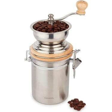 Imagem de Easyworkz Moedor de café manual - Configurações ajustáveis, recipiente hermético - Ferramenta de moagem de grãos de café para cozinha, moedor de café com manivela
