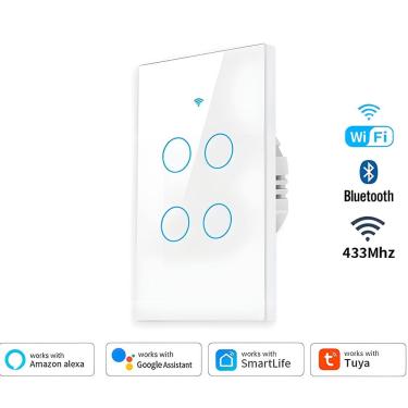 Imagem de Interruptor De Parede Inteligente Com 4 Botões Touch, Compatível Com Alexa e Google Assistant, Tuya - Branco