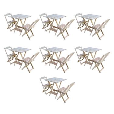Imagem de Kit 7 Conjuntos de Mesa Dobravel com 2 Cadeiras de Madeira 70x70 para Restaurante e Bar - sem Pintur