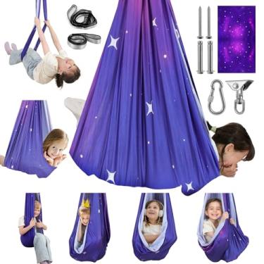 Imagem de Balanço sensorial para crianças e adultos comporta até 136 kg, terapia de camada dupla para crianças com autismo (Céu estrelado roxo)