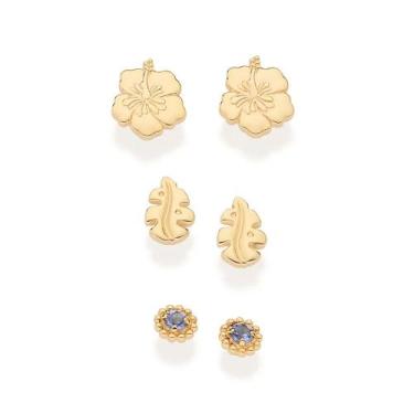 Imagem de Kit 3 brincos rommanel banhado ouro 3x 24k 18k e 22k feminino pequenos