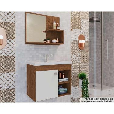 Imagem de Bancada de Banheiro Balcão Suspenso Lótus/Bia c/ Cuba 55cm e Armário c/ Espelho Amendoa/Branco - MGM