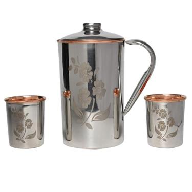 Imagem de Jarra de água de aço inoxidável e cobre puro com 2 copos combinando para benefícios de saúde Ayurveda (140 ml) (padrão floral)