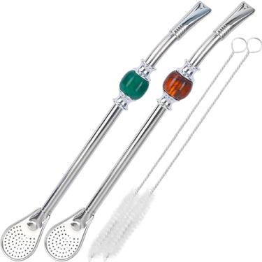 Imagem de Canudos de erva mate premium - Bombilla reutilizável de aço inoxidável com contas coloridas - Conjunto para beber mate, filtro de cabeça removível (marrom - verde)