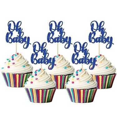 Imagem de Gyufise 36Pcs Oh Baby Cupcake Toppers Glitter Baby Shower Oh Baby Cupcake Picks for Gender Reveal Baby Shower Kids Boys Girls Birthday Party Cake Decorations Supplies Dark Blue