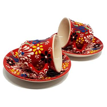 Imagem de DLK - Conjunto de 2 xícaras de café de cerâmica feitas à mão, 2 x conjunto de xícaras de café em azulejo, conjunto de 2 xícaras de café turco - vermelho